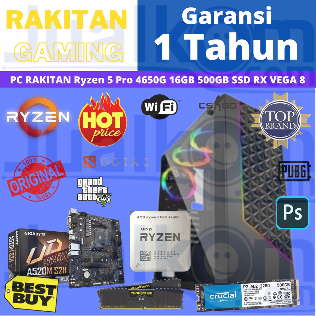 PC Rakitan Gaming Ryzen 5 PRO 4650G B550M DS3H 16GB 500GB NVMe RX Vega 8