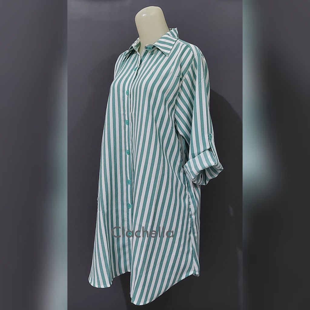 Clachella Baju Tunik Kemeja Crincle Motif Salur, Baju Atasan Wanita T96B8021