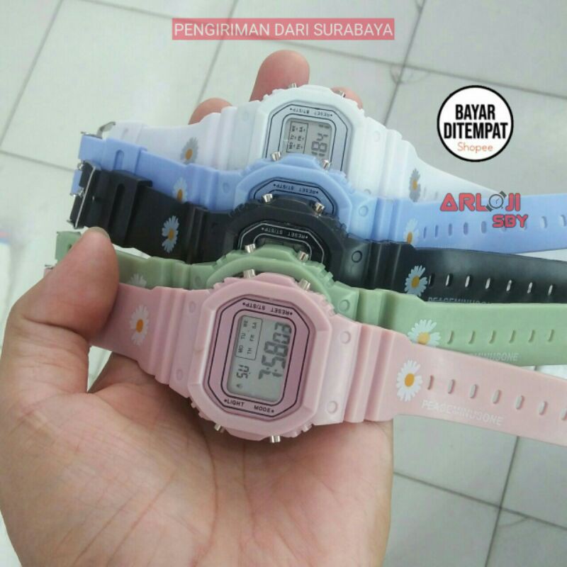 JAM TANGAN WANITA RUBBER DIGITAL SEGI DW 5600 BUNGA KARET GROSIR MURAH