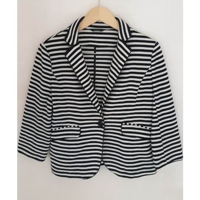 Blazer Preloved Blazer Kasual Demain Wanita Motif Garis Navy White