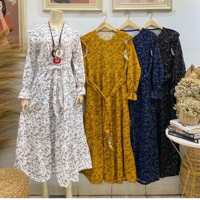 Gamis rempel motif kembang tali pinggang bahan voxy merk latin (P11212)