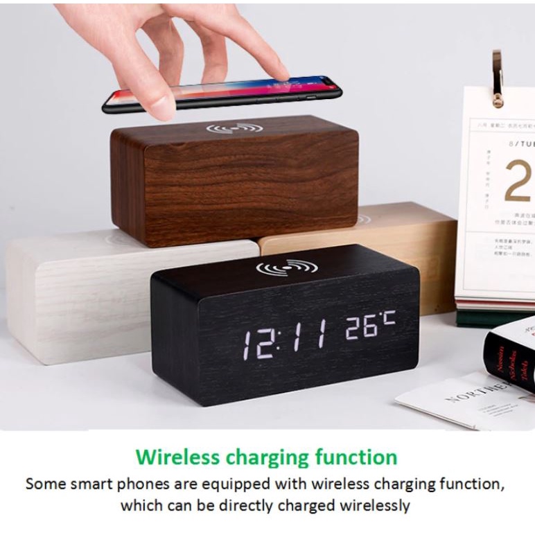 JD-06 Wireless Charging Jam meja Kayu Digital Led Weker / Wooded Alarm LED Clock Waker Suhu temperature date Tanggal Jam Meja