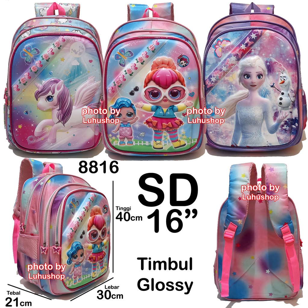 Tas Timbul Glossy SD TK Ransel Sekolah Cewe Tas Anak Perempuan  Unicorn LOL Frosen Owl Burung Hantu Ice Cream Boba