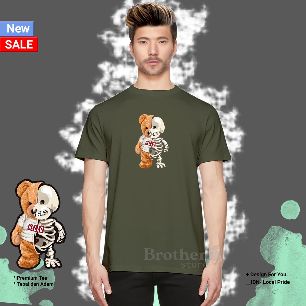 BROTHERSTORE - Kaos Distro Pria - KAOS COWOK CEWEK - Kaos Kata Kata - Hello bear Text PUTIH Premium