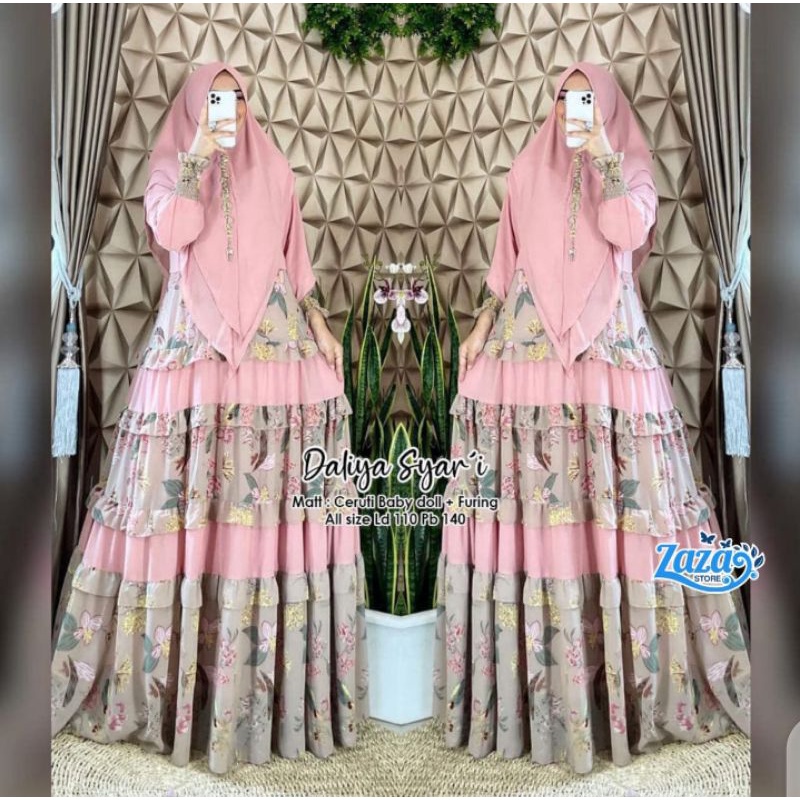 Gamis syari set khimar gamis syari motif bunga layer gamis Ceruti busui Daliya Syari