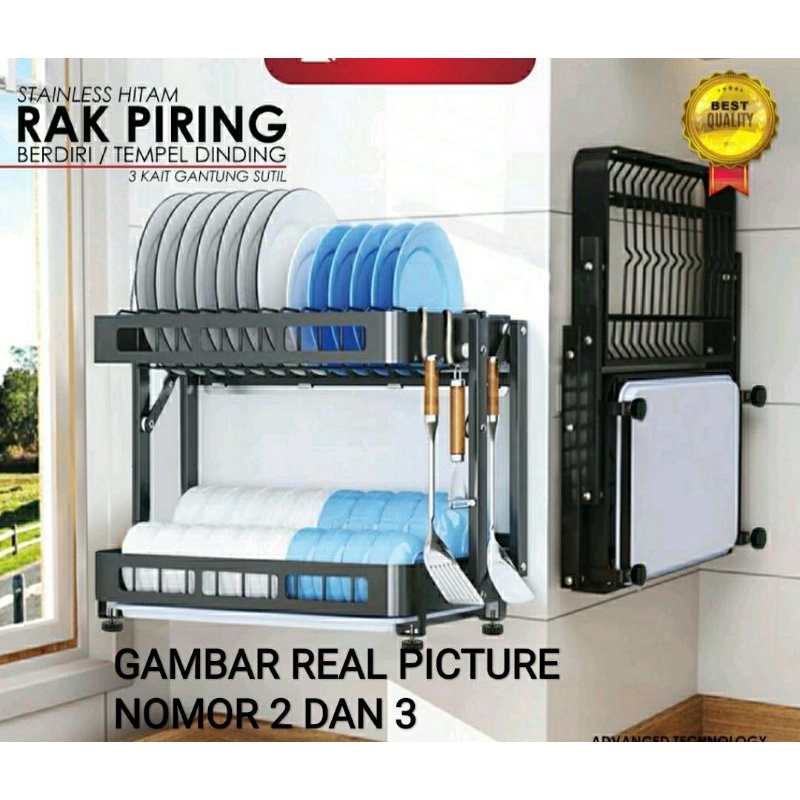 Rak Piring Lipat Stainless Hitam/Black/Rak Piring 2 Susun Lipat Hitam/Rak Dapur/Rak Kitchen Set