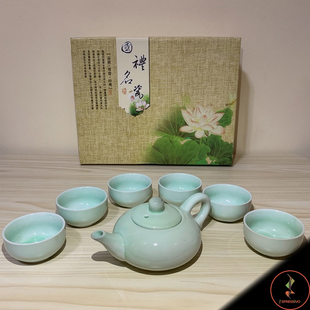 Teko + 6 cangkir teh keramik hijau ikan koi chinese teapot cup [701]