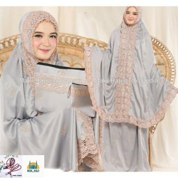Mukena Aminah Dewasa Renda Bordir Jumbo Siti Khadijah Pasteleena Terba - Abu-abu