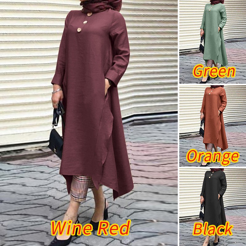 ZANZEA Women Decorative Button Front O-Neck Irregular Hem Muslim Dress