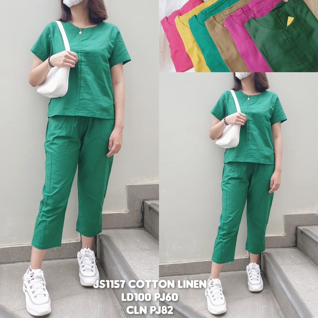 Baju Set Atasan Blouse Bawahan Celana Panjang Wanita Bahan Katun Linen