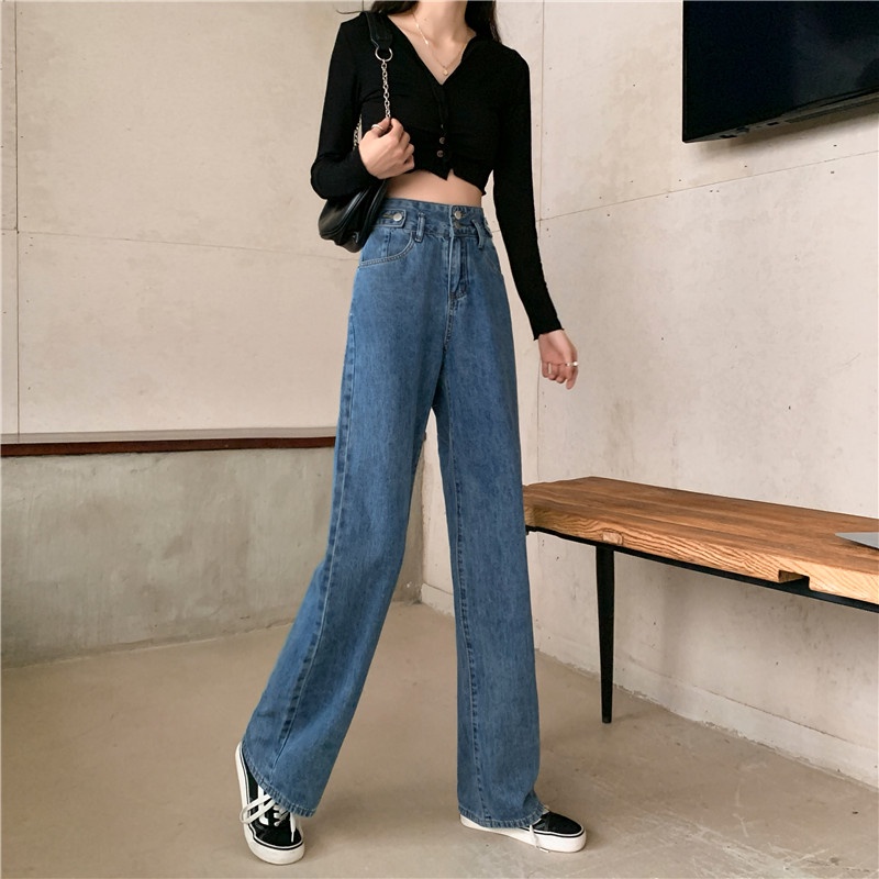 double kancing korean style pants celana lebar kasual/double kancing pants celana lebar kasual/Jeans Wanita Kekinian Celana High Waist