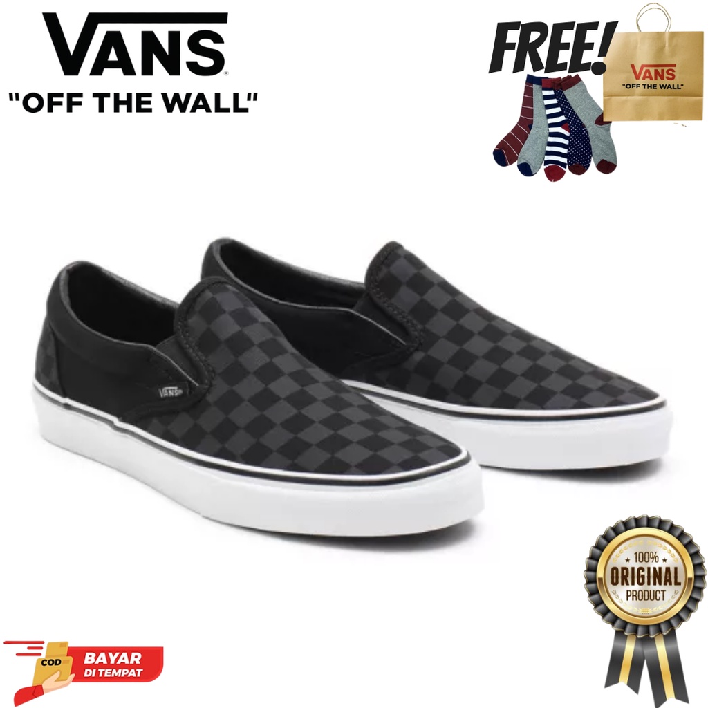 SALE DISKON! V4NS SLIP ON CHECKERBOARD BLACK/BLACK CLASSIC 100% ORIGINAL BNIB