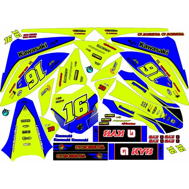Sticker fullbody atau decal klx 150 s kuning stabilo biru