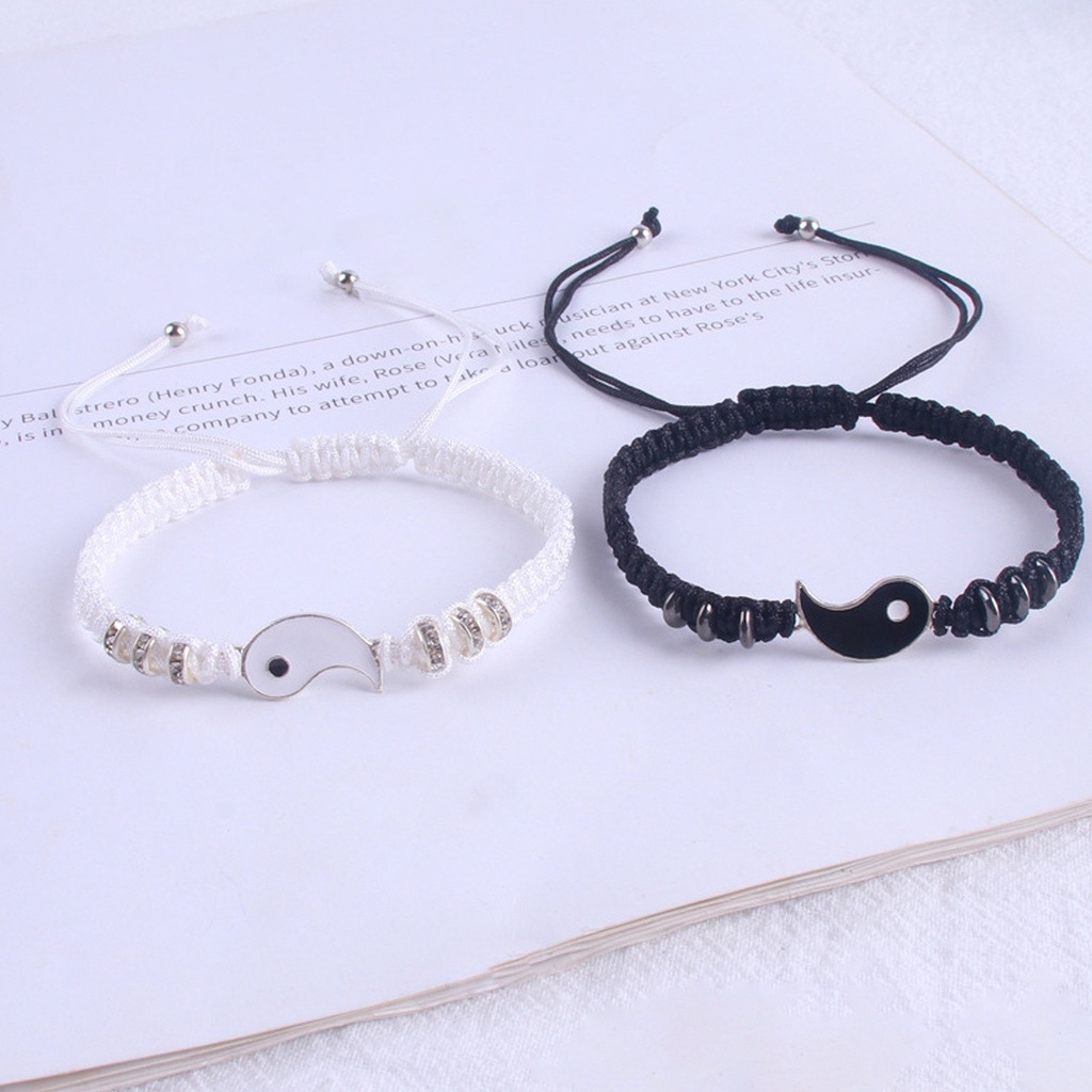 Hu Hu Hu Hu Hu Alat Bantu Pasang Kacamata♡ 2pcs Gelang Rajut Tangan Adjustable Desain Yin Yang 2 Hias Berlian Imitasi Untuk Pria / Wanita / Pasangan