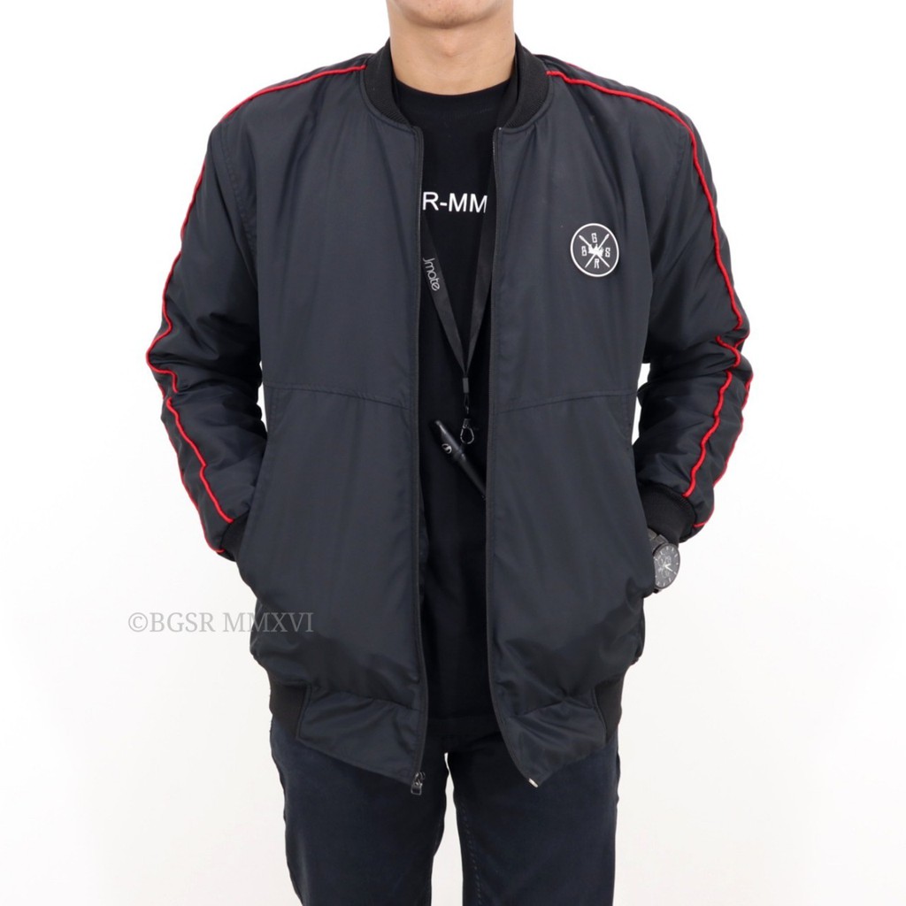 BGSR Jaket Bomber Bulat List Hitam Jaket Parasut Pria