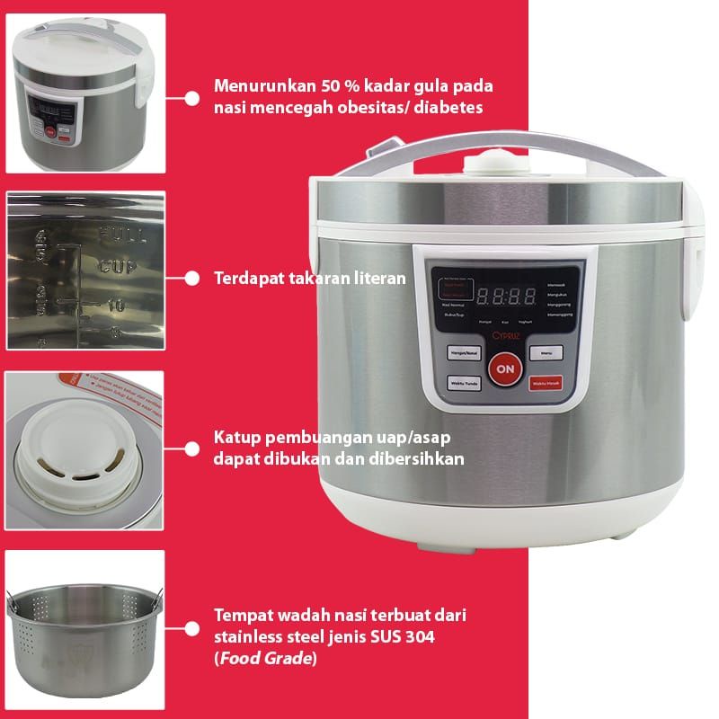 CYPRUZ RICE COOKER LOW SUGAR LOW CALORIES RC 0508 STAINLESS STEEL