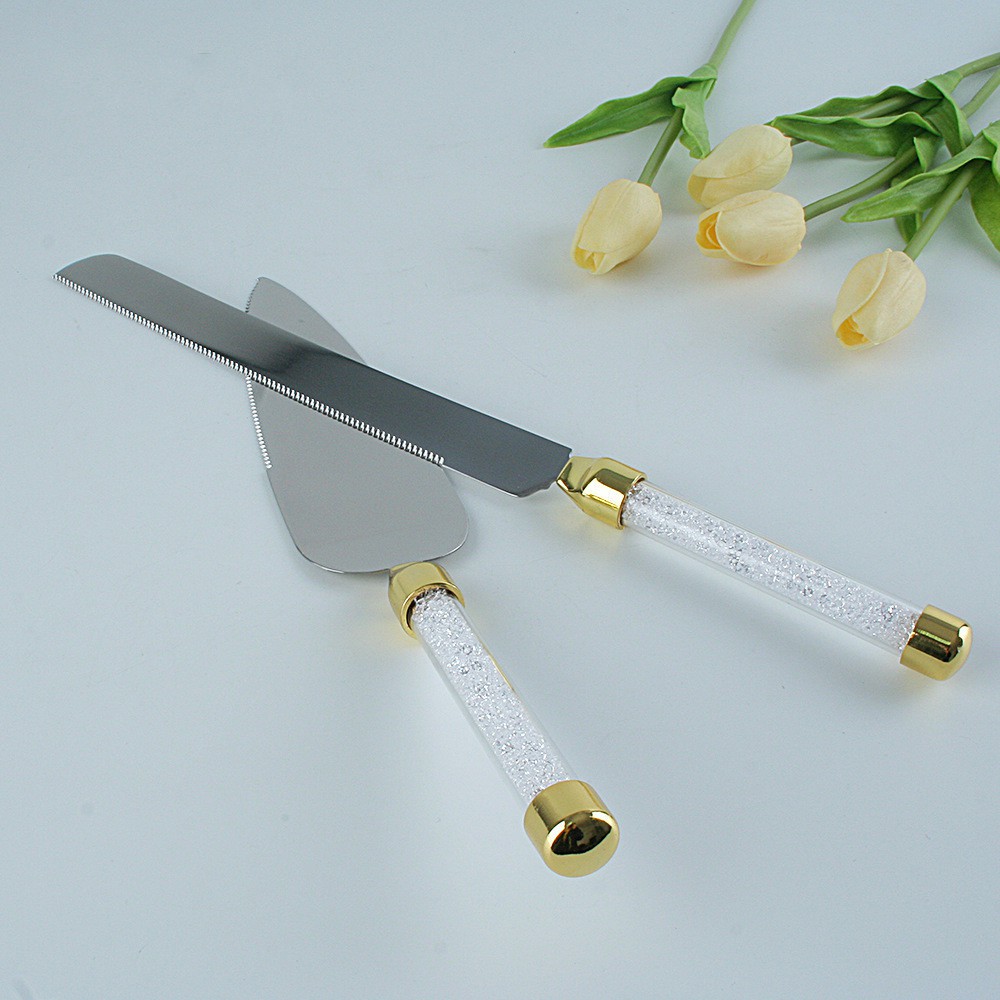 Birthday Gift Stainless steel wedding cake knife and shovel Gold handle and rhinestones Marriage