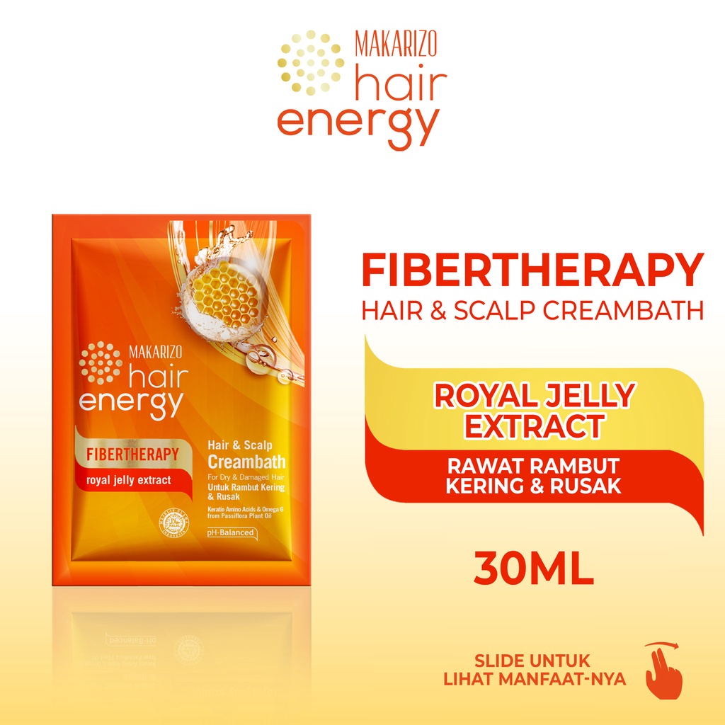 Makarizo Hair Energy Fibertherapy Hair &amp; Scalp Creambath Royal Jelly 30 mL / Perawatan Rambut Kering