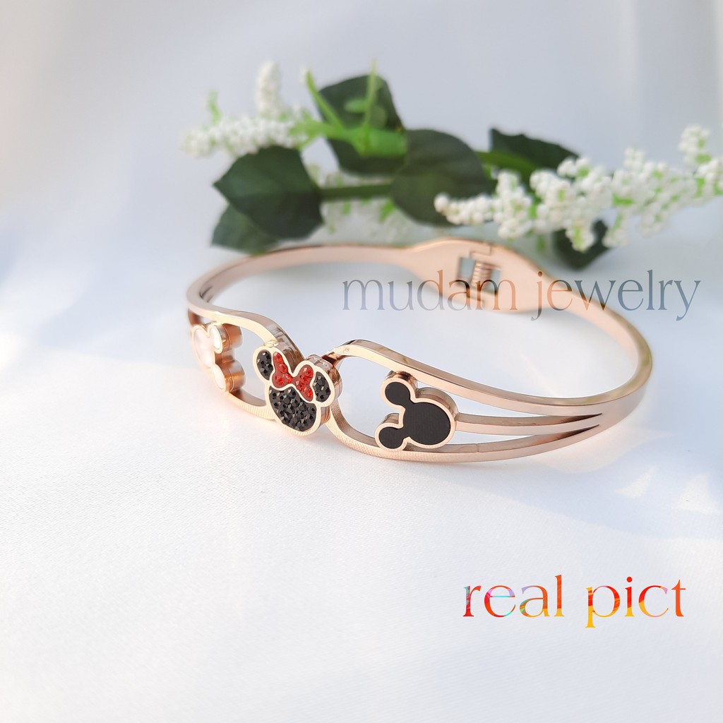 Gelang Bangle Titanium Three Minnie Love Tersedia Warna Rosegold, Gold dan Silver