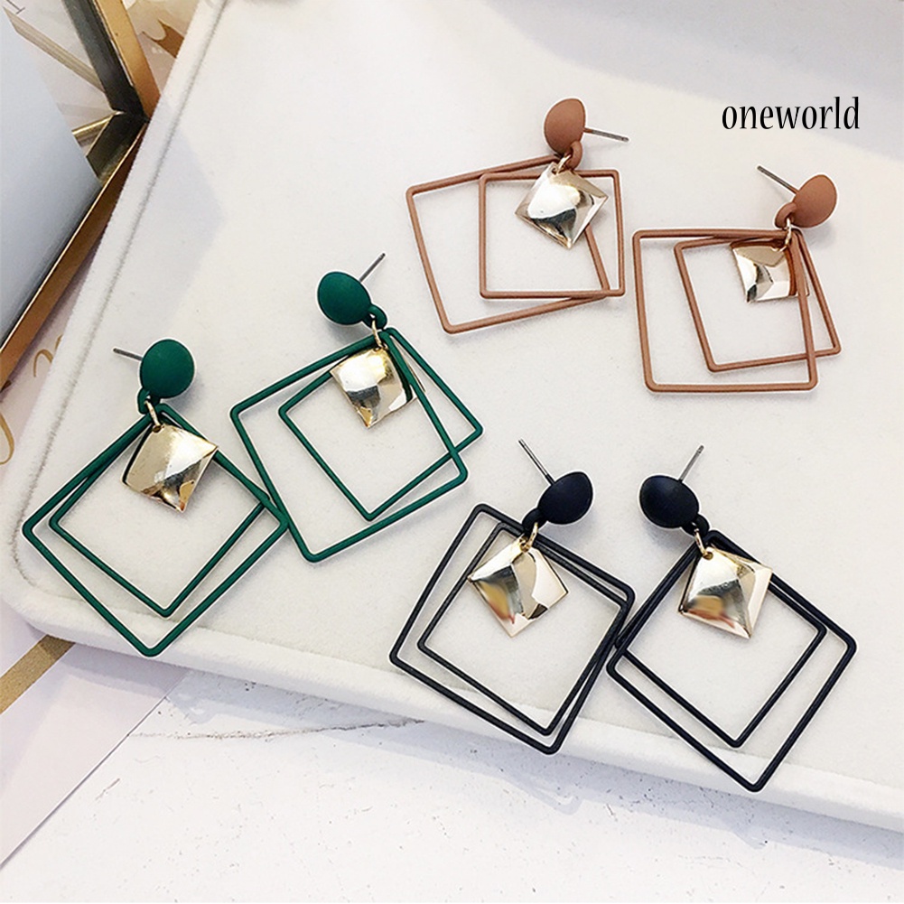 OW@ 1 Pair Ear Studs Piercing Concise Style Alloy Double Square Dangle Earrings for Gift