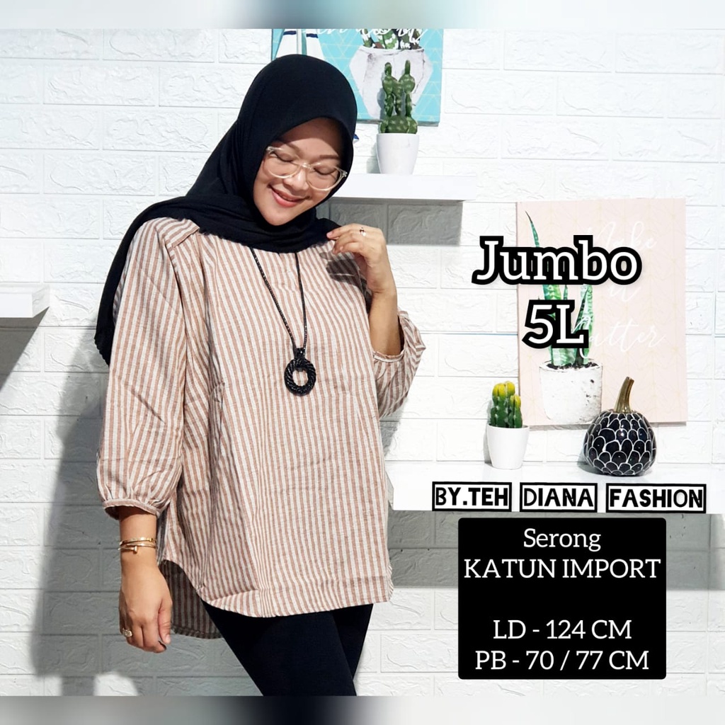 Atasan Wanita Jumbo / Blouse Wanita Jumbo / Baju Atasan Wanita Jumbo Serong Salur Import LD= 124 Cm-Mocca Salur Kecil