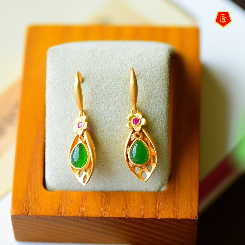 [Ready Stock]Hetian Jade Gold Vintage Earrings Women's Chinese Style