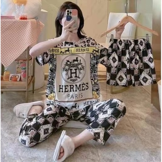 AJW Shop Piyama 3 in 1 | Piyama Lengan Pendek | Baju Tidur Impor | Baju Tidur 3in1-H Cream