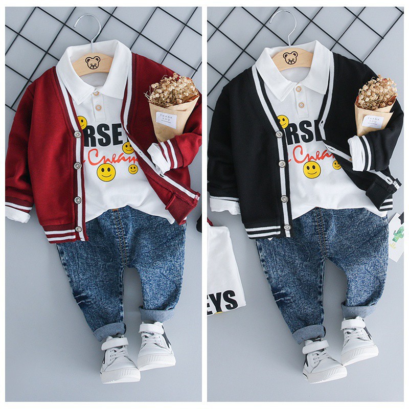 Set 3Pcs Kaos T Shirt Casual Anak Laki Laki Lengan Panjang