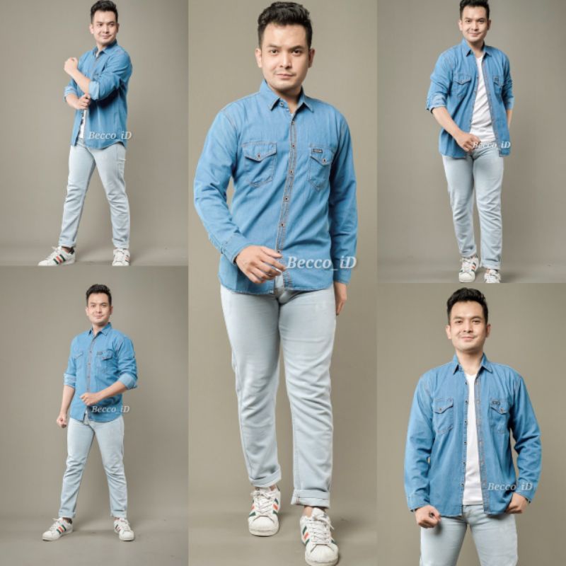 kemeja jeans denim lengan panjang pria - kemeja jeans distro lengan panjang - kemeja denim import - kemeja jeans distro murah terbaru