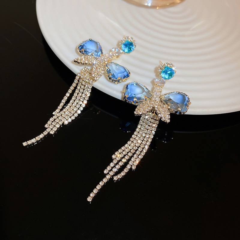 Anting Rumbai Desain Pita Aksen Kristal Warna Gradasi Gaya Korea