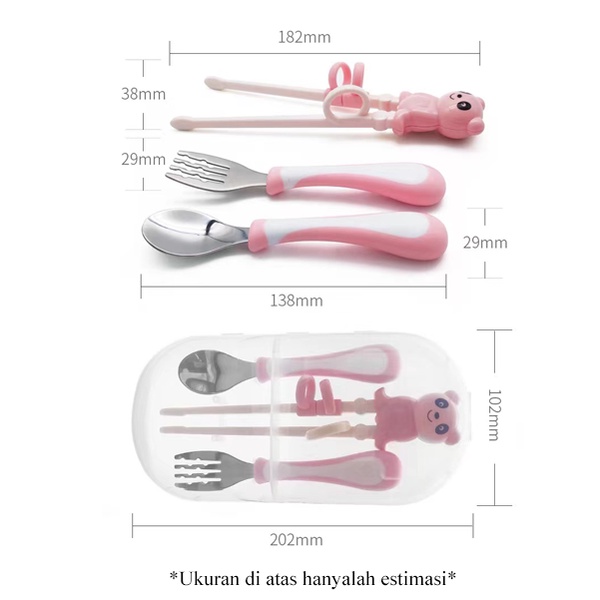 [1KG 6PCS] Babyland Alat makan Sendok Garpu sumpit Set anak/ Set Alat Makan Anak/ Stainless Gratis Tempat Simpan Chopstick Training Latihan Sumpit