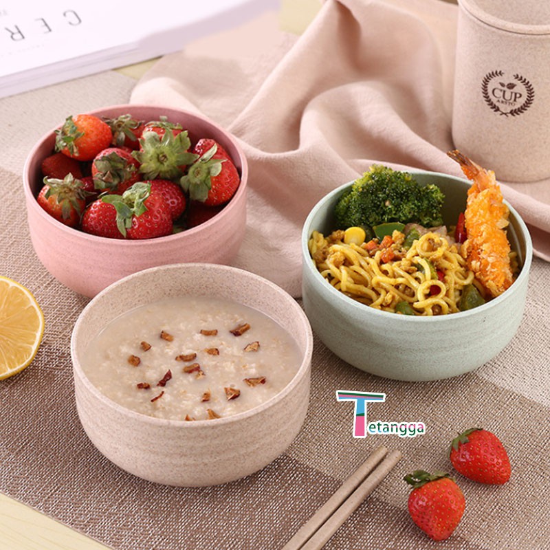 4pcs Mangkok Wheat Straw/Mangkuk Makan Bowl Set Mangkok Makan Set Isi  Cutlery Set Gandum Anak