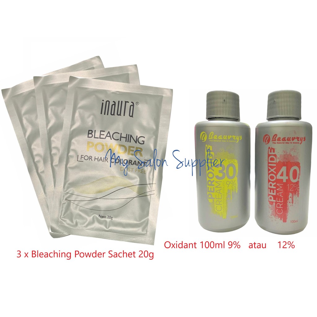 1 Set ( 3pc Inaura Bleaching Powder Sachet 20g + Beauvrys Peroxide Oxidant Developer 100ml )