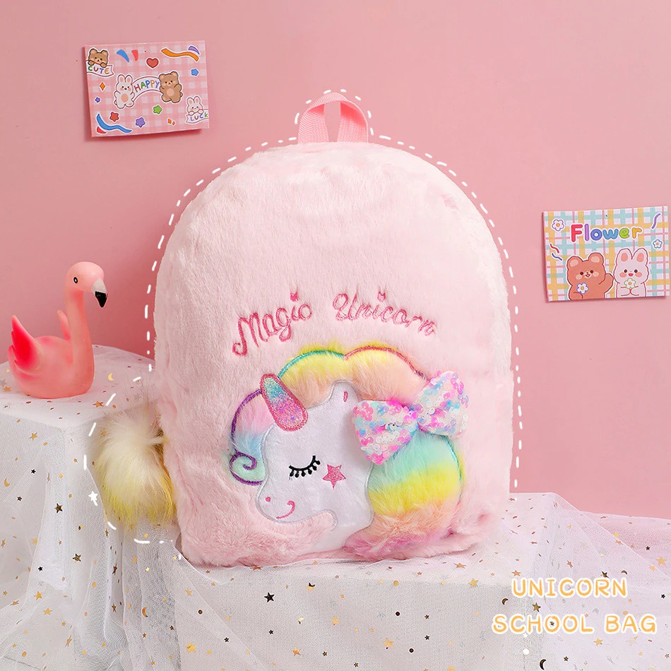 Tas Ransel Unicorn fluffy Backpack bulu unicorn Anak Paud Tk kekinian Tas sekolah anak Perempuan paud tk tas jalan anak perempuan import berkualitas Tas Blingberry import tas blingberry grosir