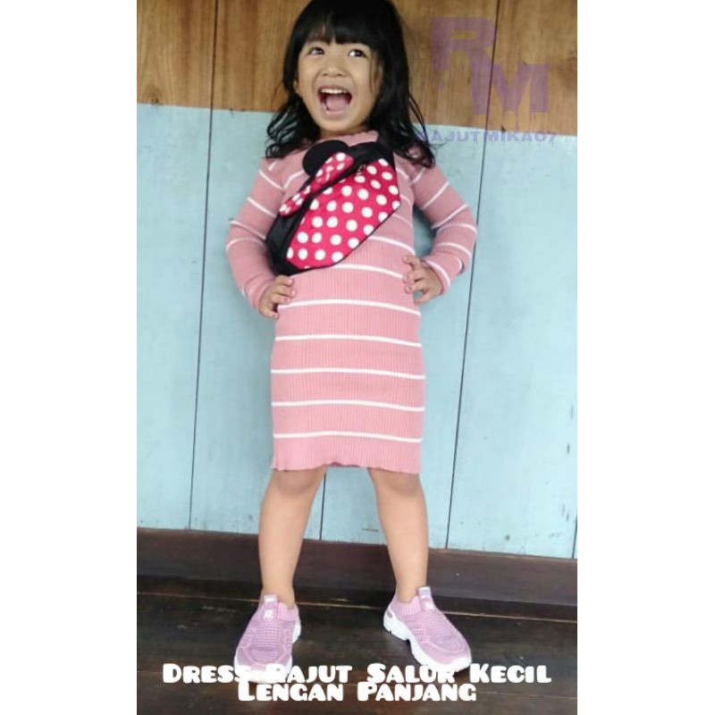 Dress rajut anak perempuan baju dres anak perempuan lengan panjang salur korean murah premium halus