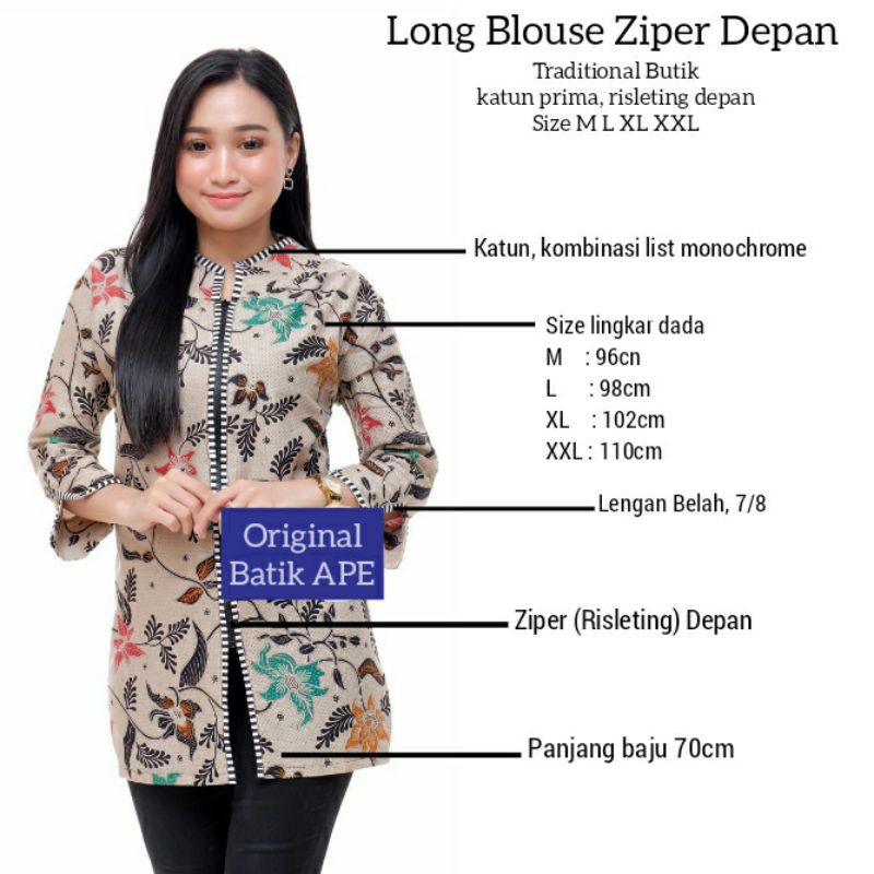 LONG BLOUSE TRADITIONAL BUTIK ZIPER RISLETING DEPAN BUSUI BATIK KOMBINASI READY M L XL XXL