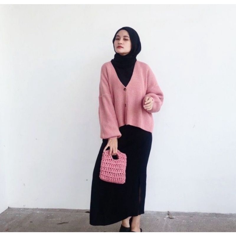 CARDIGAN RAJUT CROP TOP OVERSIZE LAVELLA Knitted STORE09 MURAH-Dusty pink