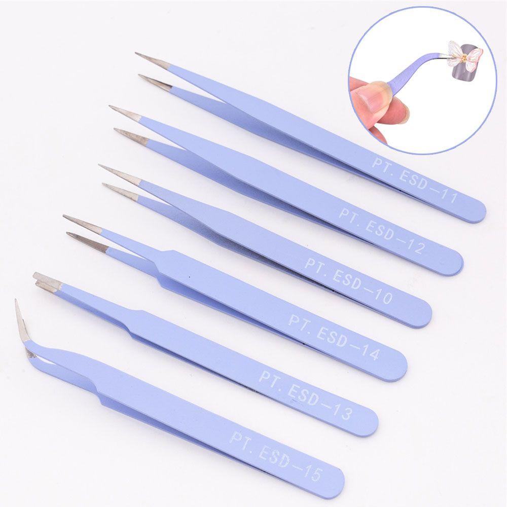 Agustina Pinset Set Lengkung Siku Lurus Stainless Steel Tebal 1.0mm Rhinestones Picking Tool Nail Tools Pinset Berwarna