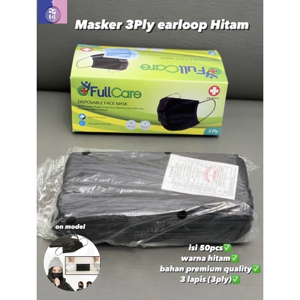 MASKER EARLOOP 3PLY HITAM ISI 50pcs TEBAL