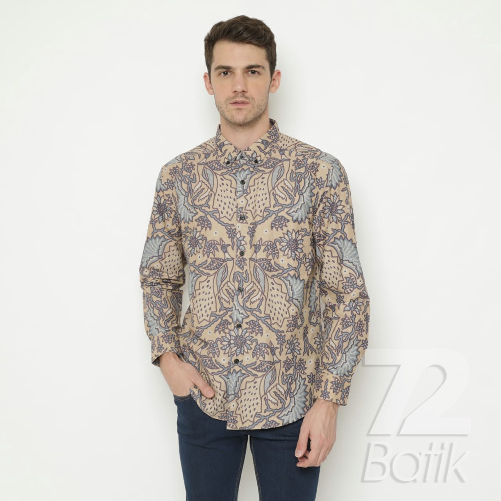 BATIK COUPLE MODERN Kemeja Rok Lilit Instan Batik Pria Lengan Panjang Premium Motif Burung Cream 721073 CAP 72