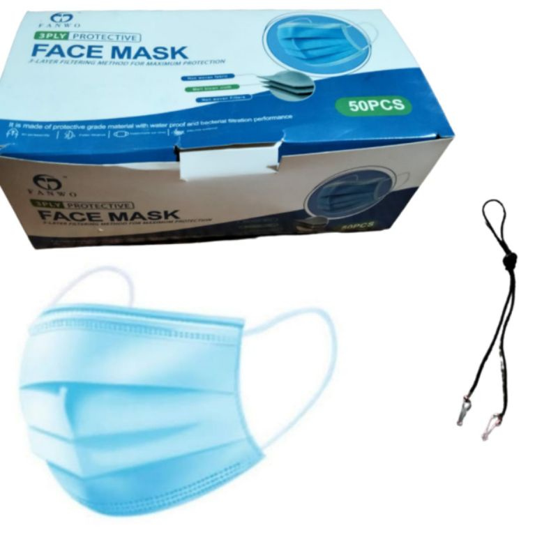 (1BOX) MASKER EARLOOP 3PLY WARNA BIRU (free strap masker)