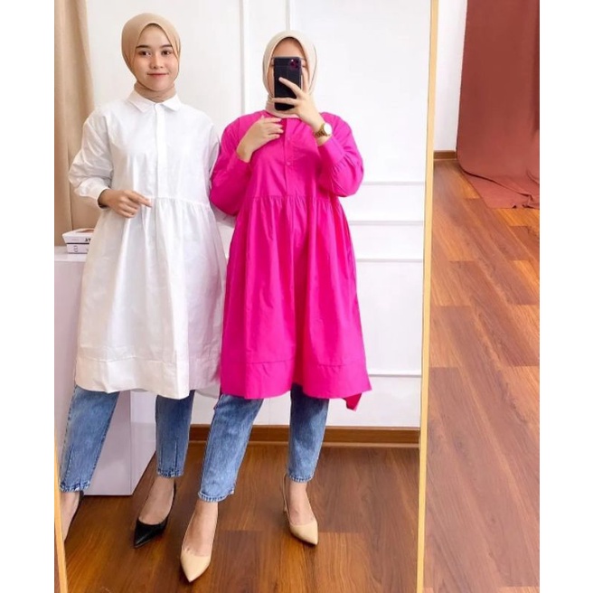 POPPY TUNIK KATUN POPLIN PREMIUM TUNIK FUSCHIA KEMEJA BLOUSE SUSUN FANTA