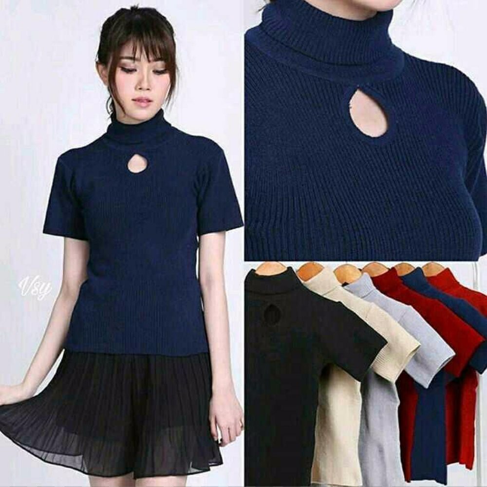 Sweater Bolda Cewek - Turtle Neck - Atasan Wanita Lengan Pendek - Baju Rajut Cewe - Lobang Dada - Ka