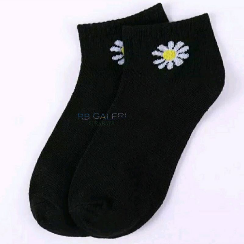 Kaos Kaki Fashion Unisex Motif Polos Beruang Fashion Wanita Pria KAOSKAKI ANKLE Sock BUNGA RB-FLOWER - HITAM