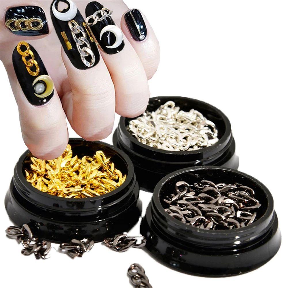 Needway   Kuku Seni Rantai Logam Perak Fashion Emas Manikur Aksesoris Hitam DIY Perhiasan Kuku 3D Nail Art Dekorasi