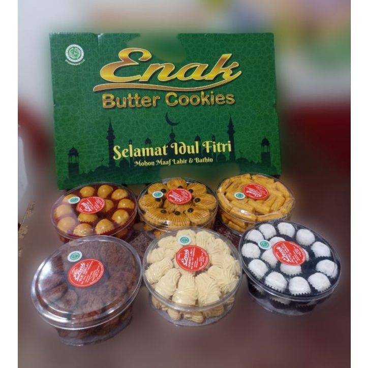 

kue kering merk enak.1 paket isi 6 toples