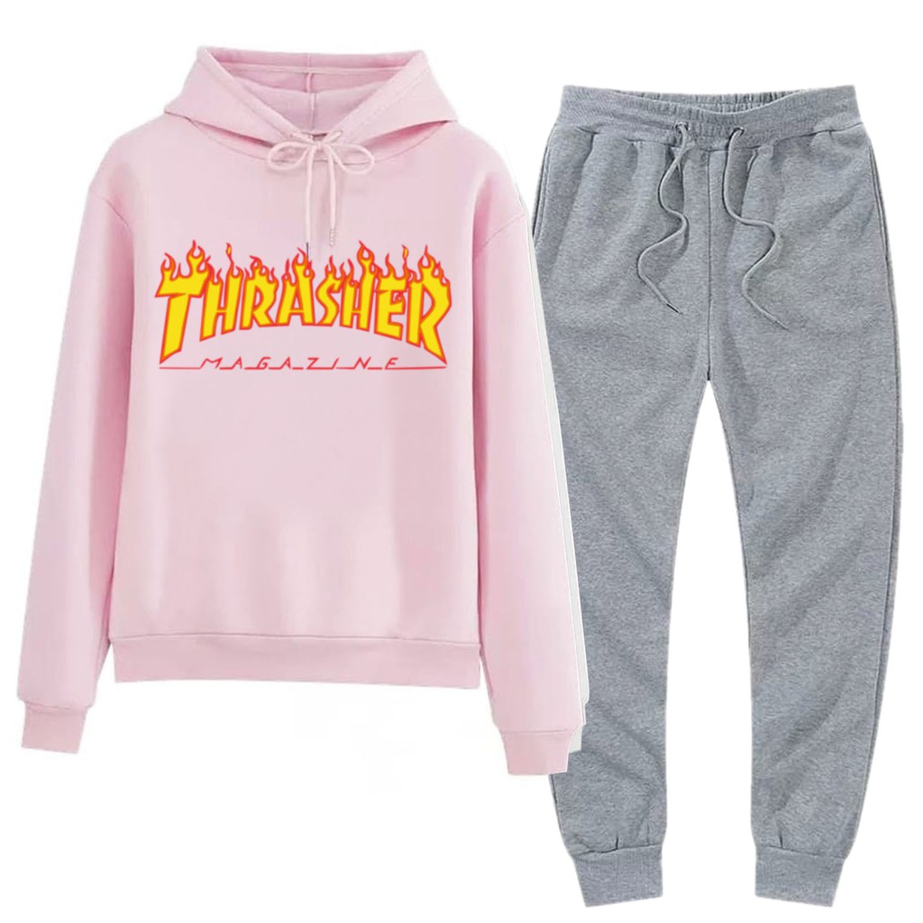 BESS - Setelan Hoodie Wanita Murah / Setelan Hoodie + Jogger Abu - THRASHER