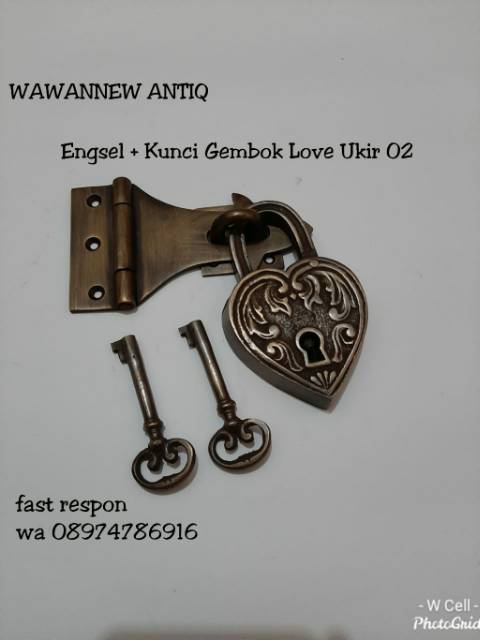Grendel Engsel Kuningan + Kunci Gembok Pintu Rumah Pagar Love Ukir