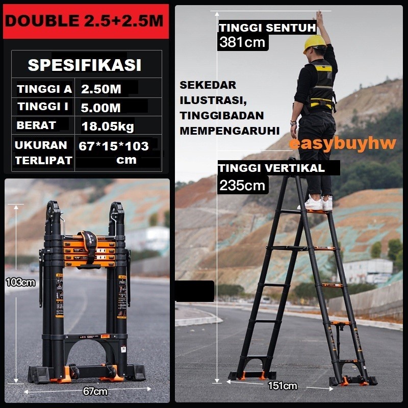 Jeob / Tangga Teleskopik Double 5 M 2.5+2.5 / Tangga Lipat Telescopic 5 M - Bafen