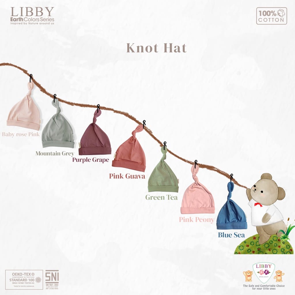 LIBBY 1pcs Topi Tali Bayi/Baby Motif Newborn (0-3M) Libby Earth Comfy Set Perlengkapan Bayi Baru Lahir